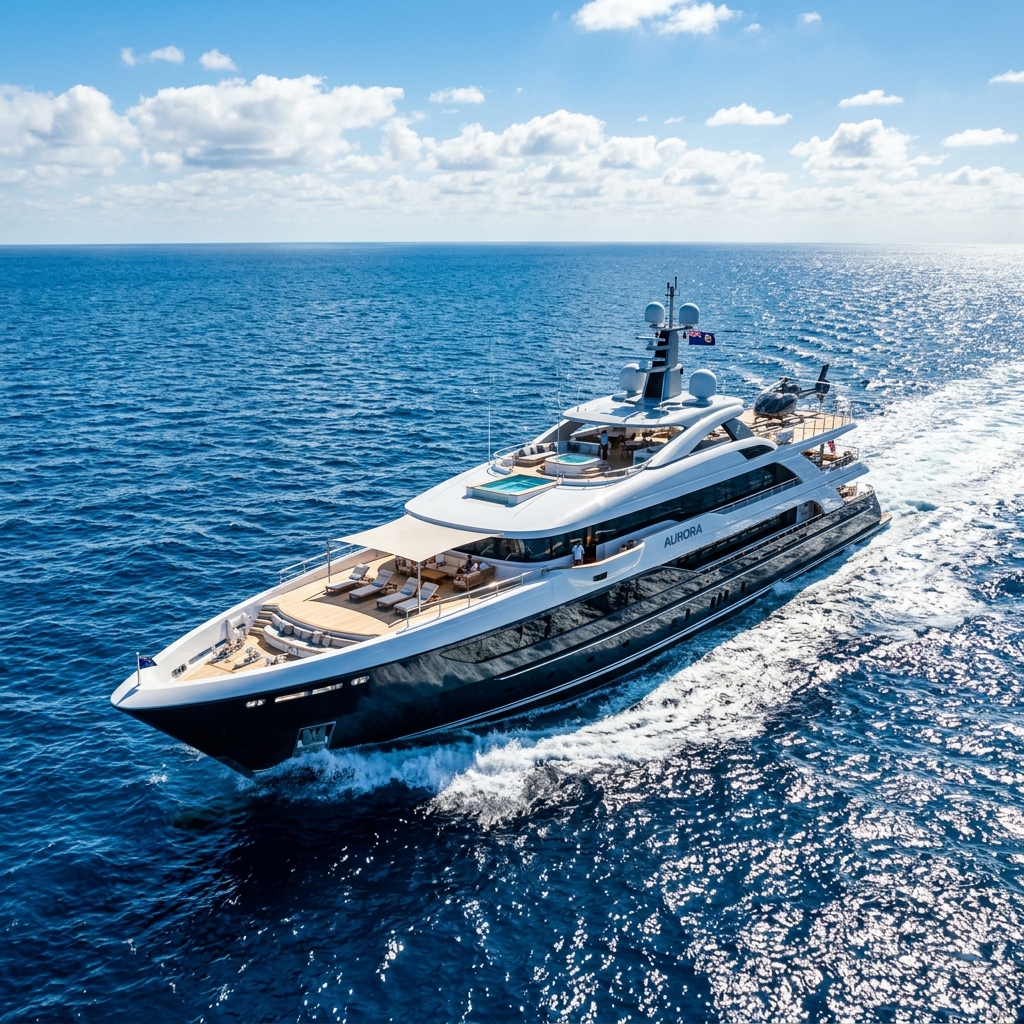 Luxury Superyacht on bright blue water