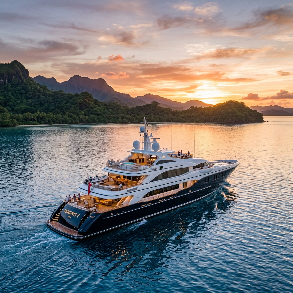 Luxurious yacht sailing at sunset