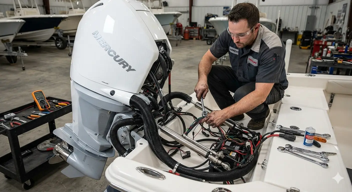 Marine mechanic installing a new outboard engine and rigging