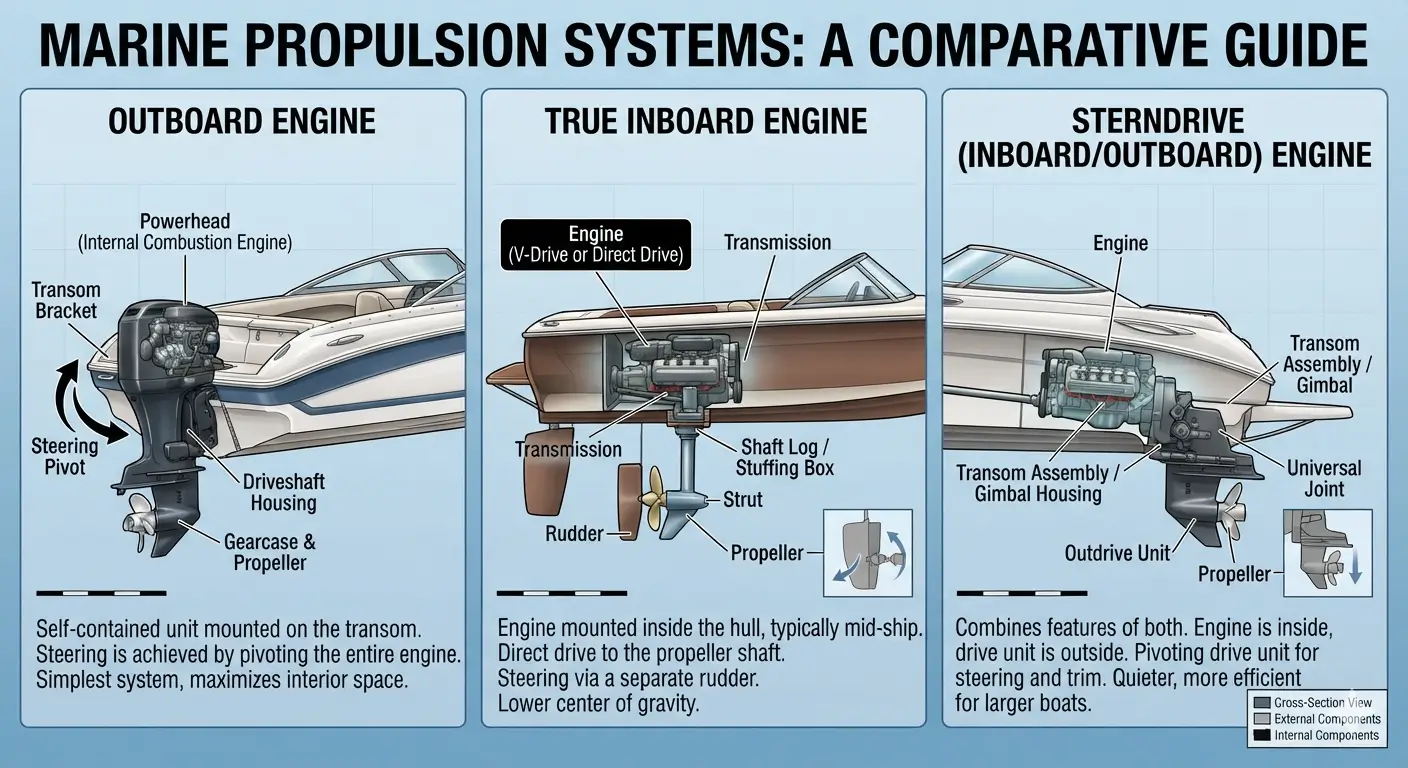 Comparison of outboard, inboard, and sterndrive boat engines