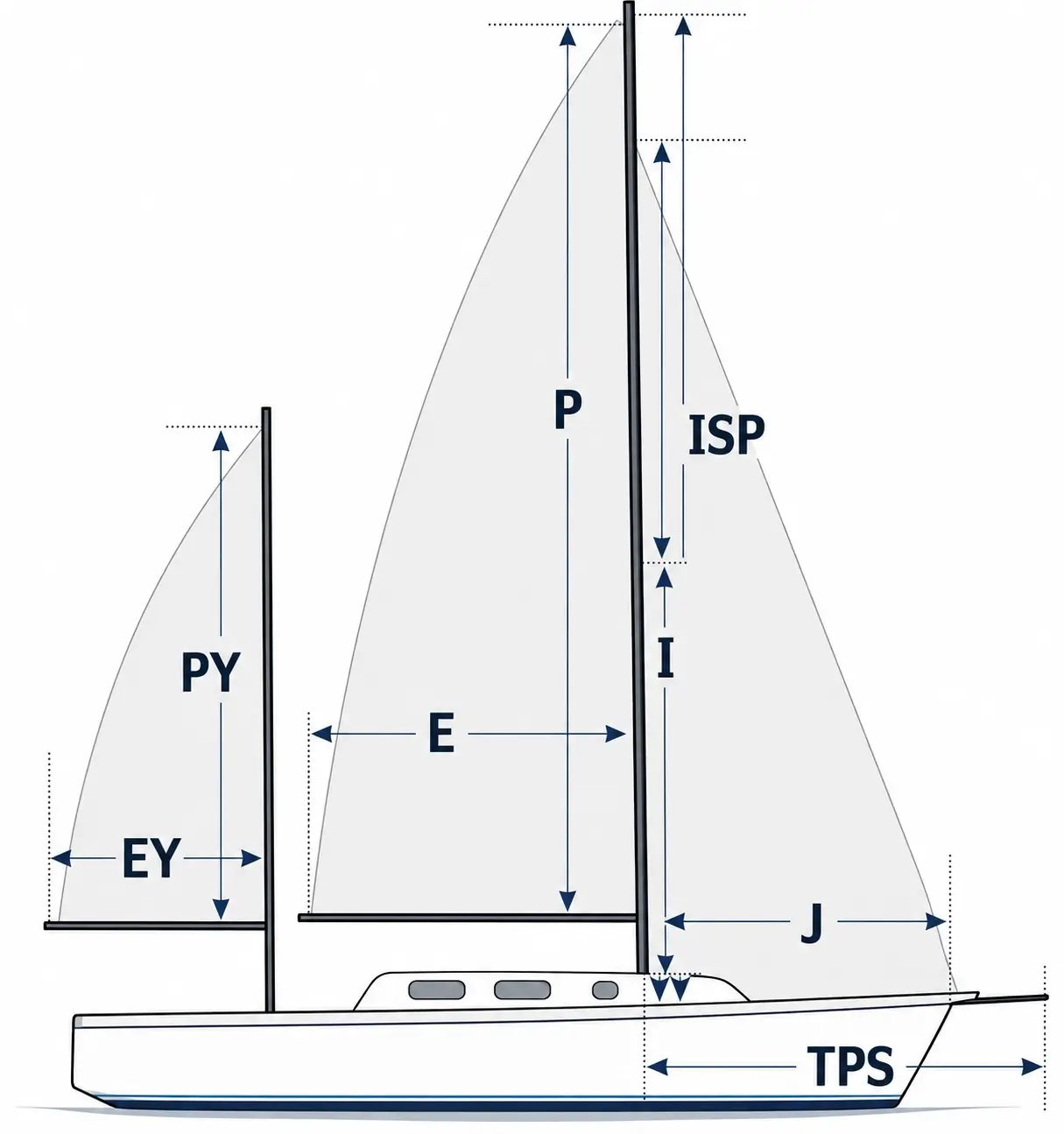 Diagram showing I, J, P, and E rig measurements on a sailboat