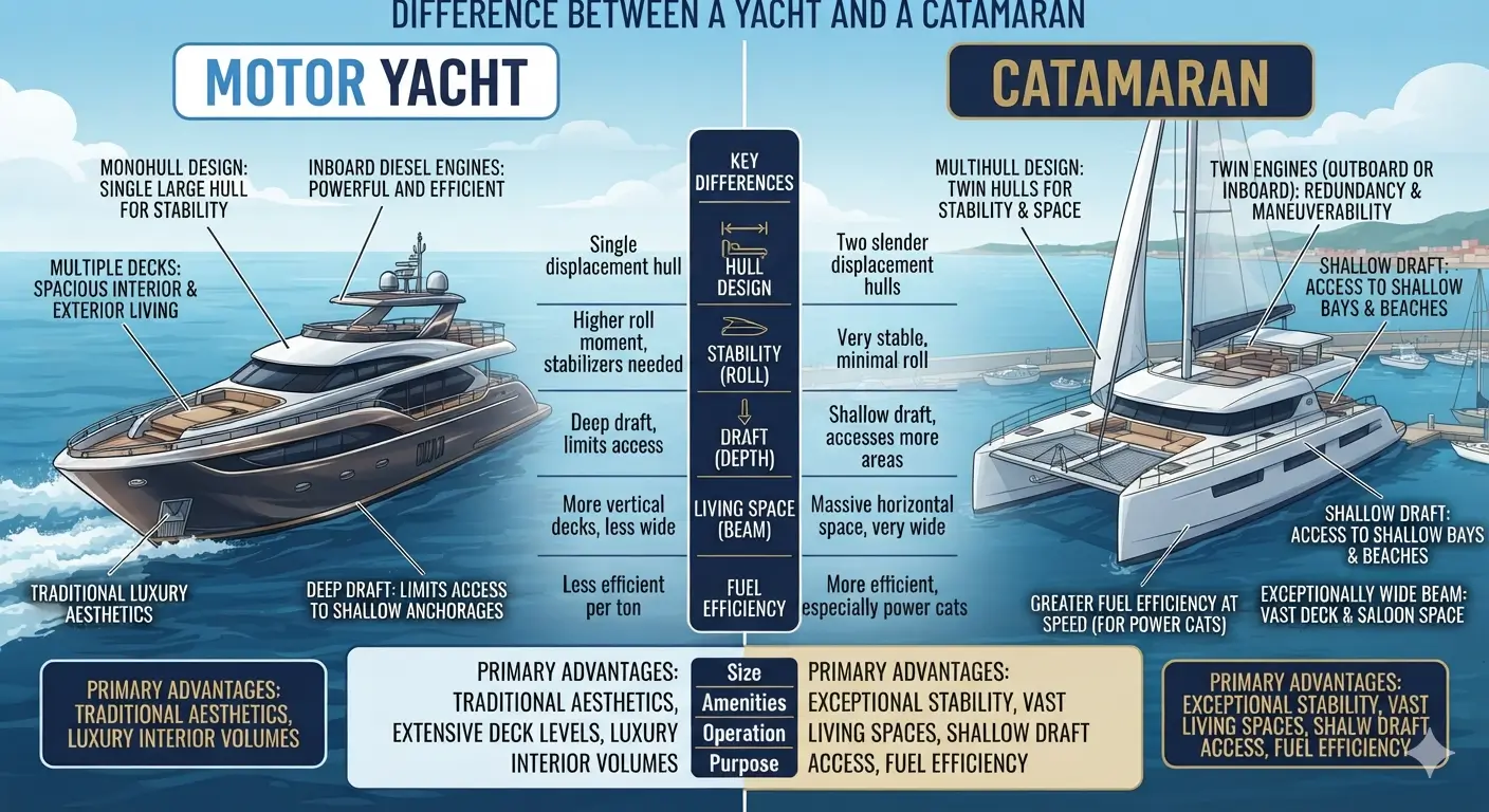 A sleek monohull motor yacht and a wide-beam luxury catamaran anchored side by side in clear blue water