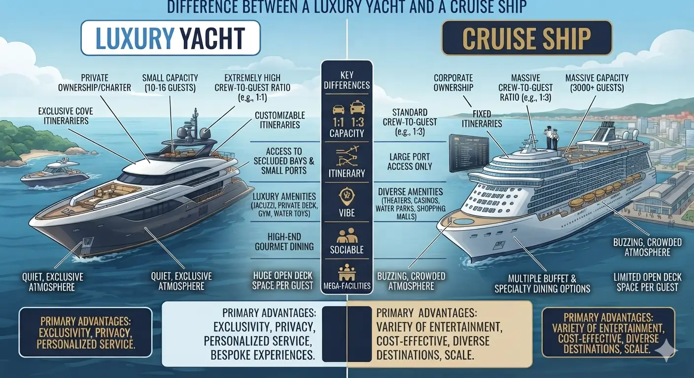 A sleek private superyacht docked near a massive multi-deck cruise ship in a tropical port