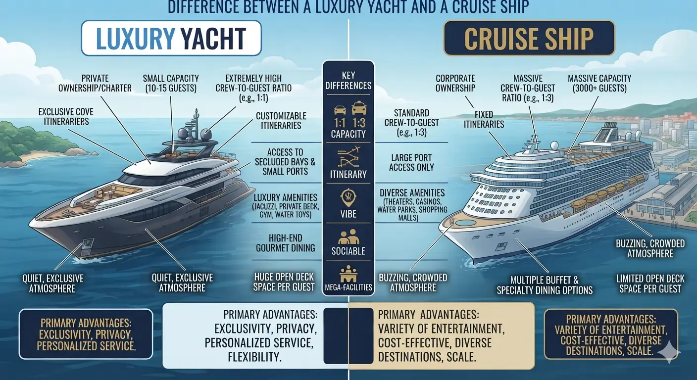 A private luxury yacht anchored in a secluded bay with crystal-clear water, contrasted with a distant cruise liner
