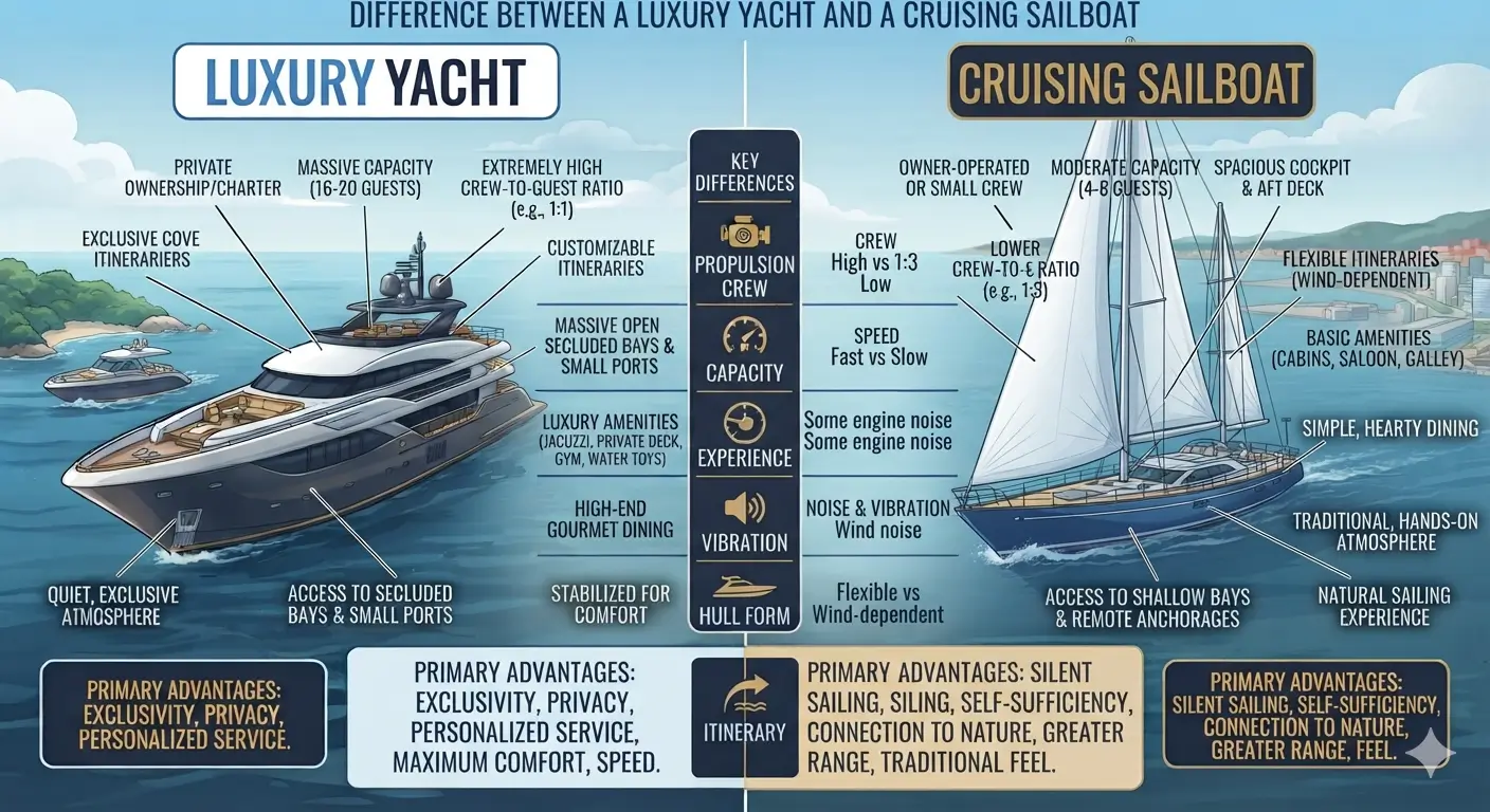 A modern motor yacht and a traditional sailboat sailing side by side on calm turquoise waters