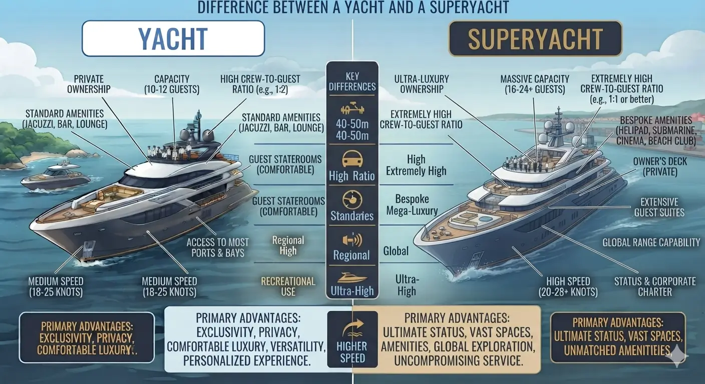 A mid-size luxury yacht alongside a large superyacht in a Mediterranean harbour