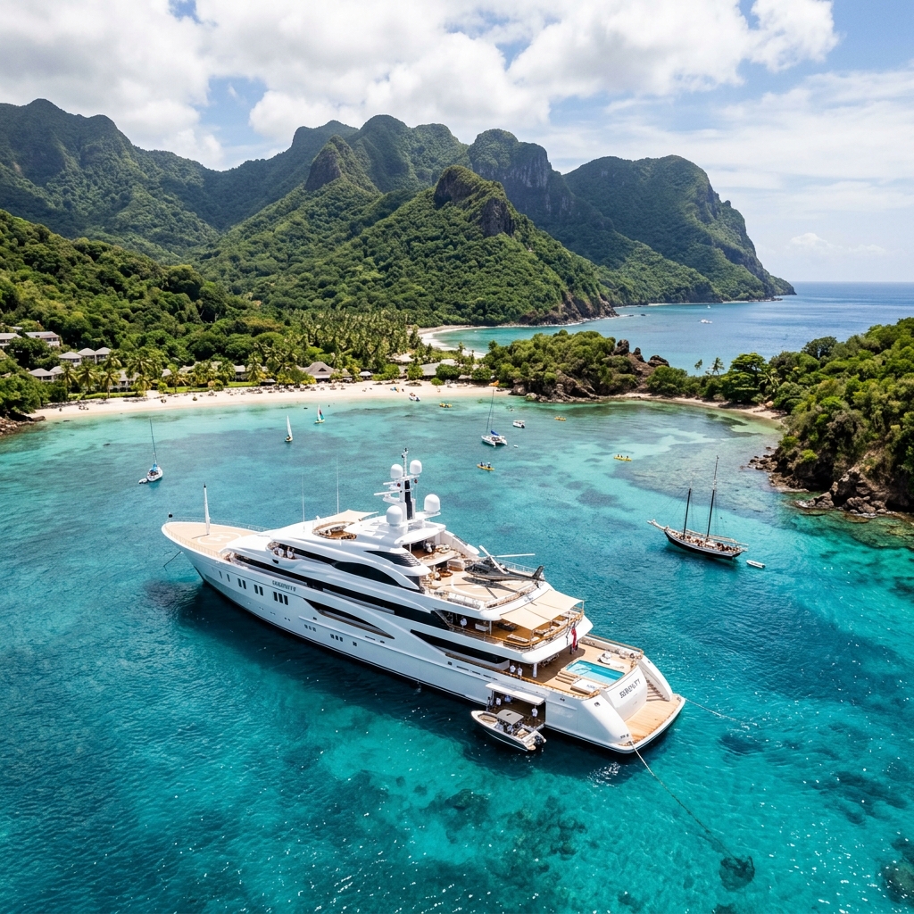 A luxurious superyacht anchored in a beautiful tropical bay