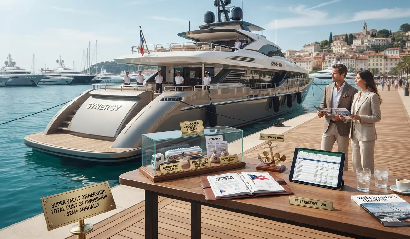 Yacht at a luxury marina dock representing ownership costs