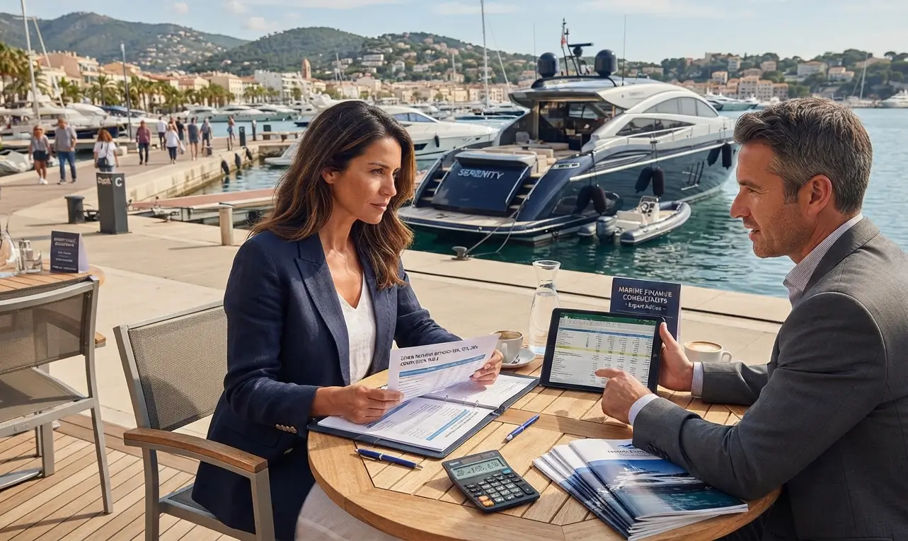 Boat buyer reviewing down payment options at a marina