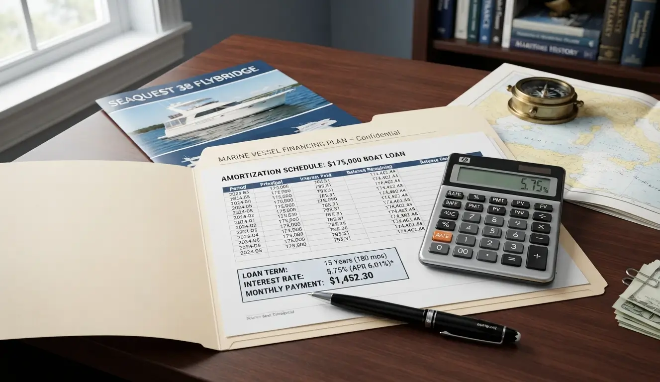 Financial documents and calculator representing boat loan interest rates