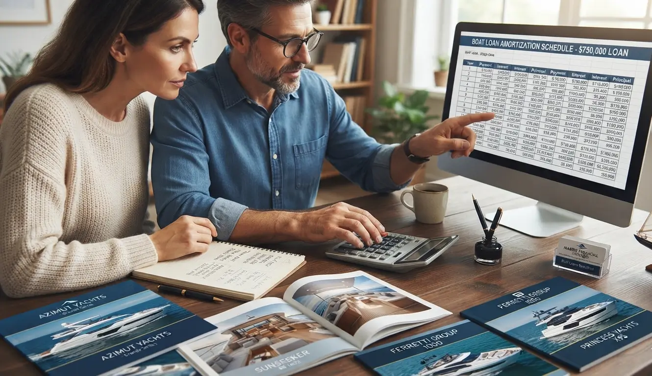Calculating boat loan payments on a desk with yacht brochures