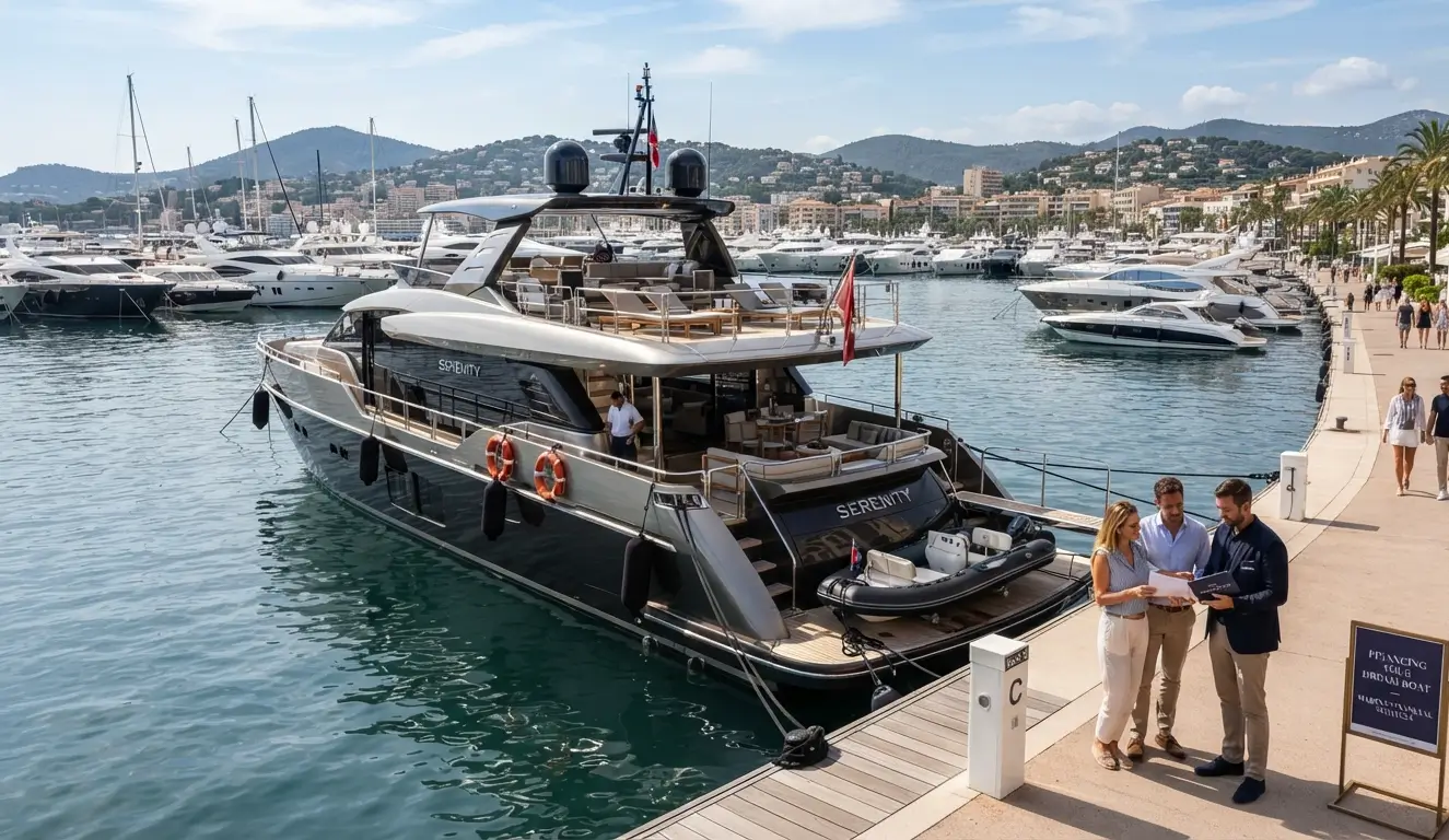 Luxury yacht at marina representing boat financing