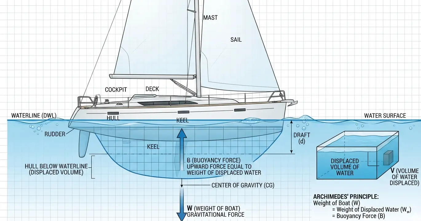 Boat displacement diagram showing the volume of water displaced below the waterline