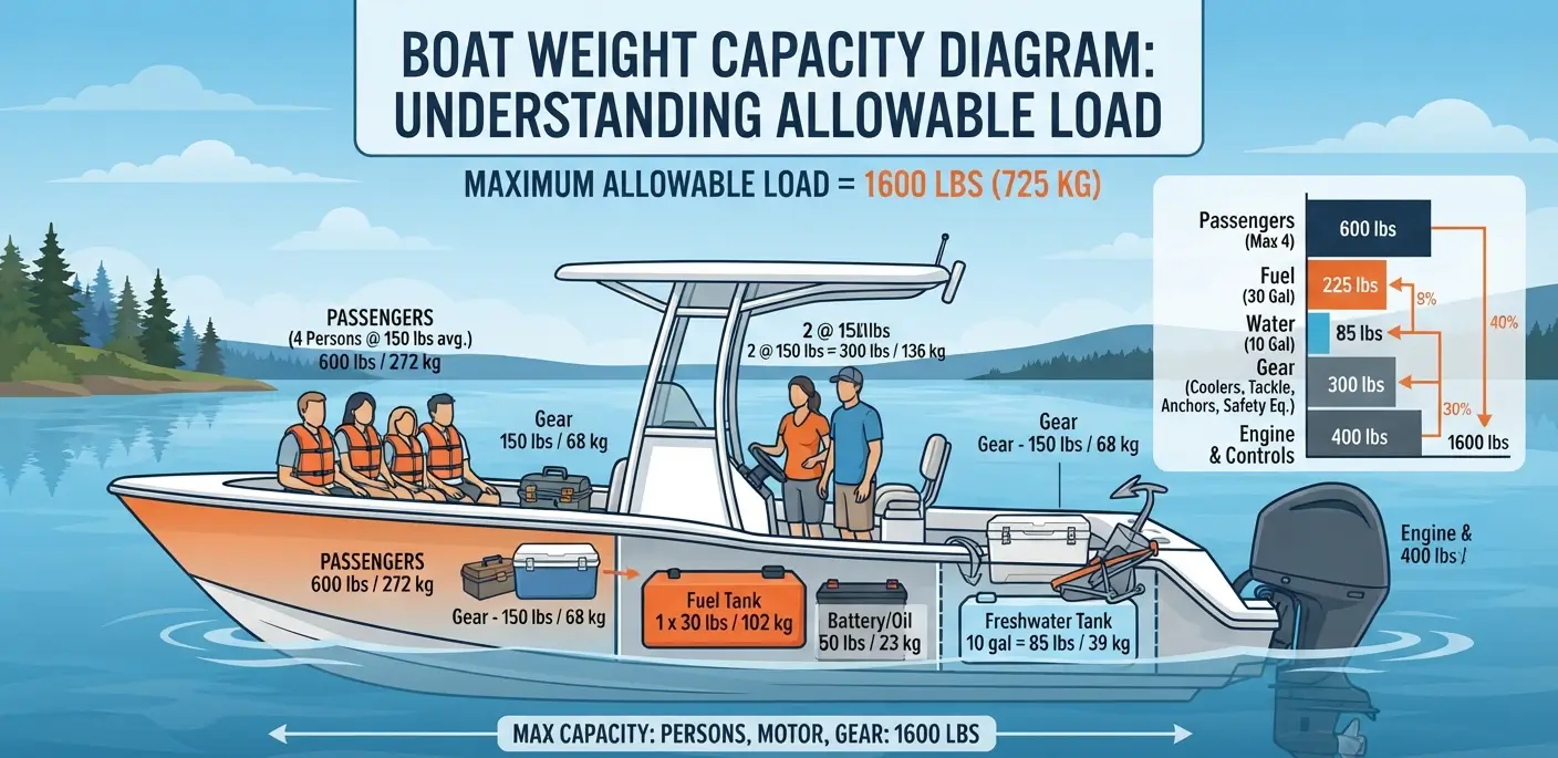 Boat weight capacity diagram showing passengers, fuel, water, gear, and total allowable load