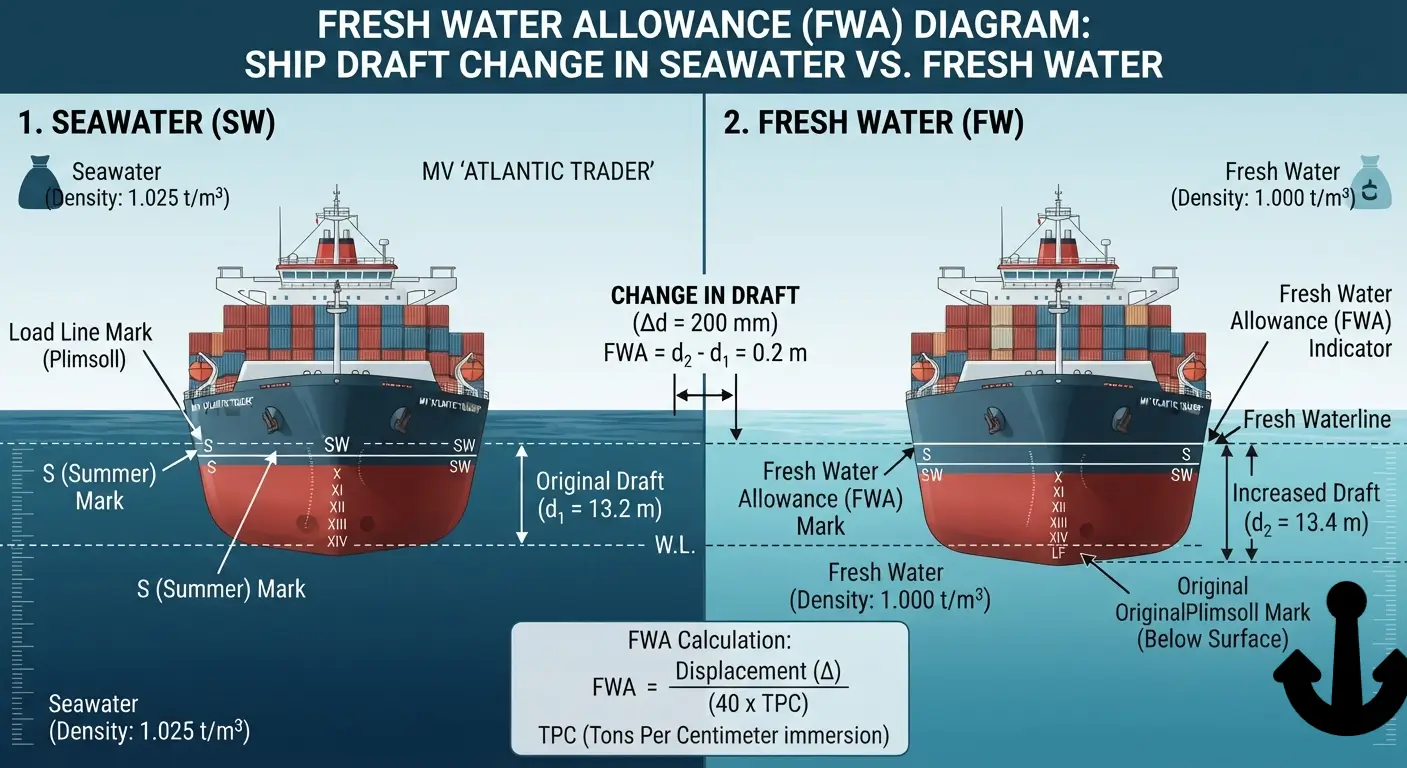 Diagram showing a ship floating in seawater and fresh water with the change in draft used to calculate fresh water allowance