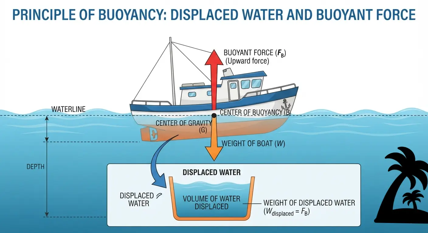Boat buoyancy diagram showing displaced water and upward buoyant force