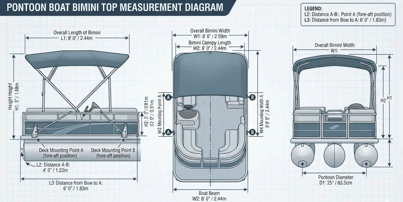 Boat bimini top measurement diagram showing width, length, height, and mounting point positions