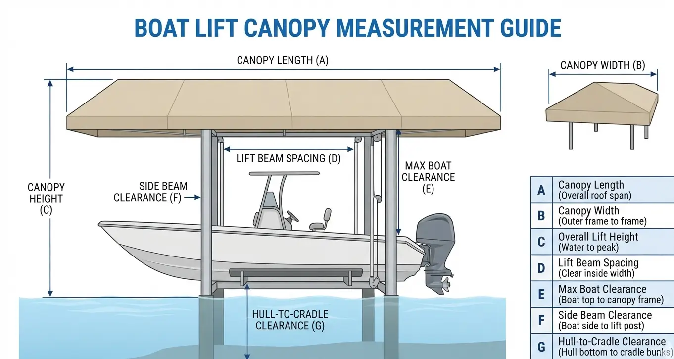 Boat lift canopy measurement diagram showing canopy length, width, height, lift beam spacing, and boat clearance