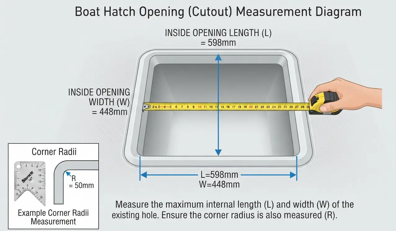 Boat hatch opening measurement diagram showing inside length and width