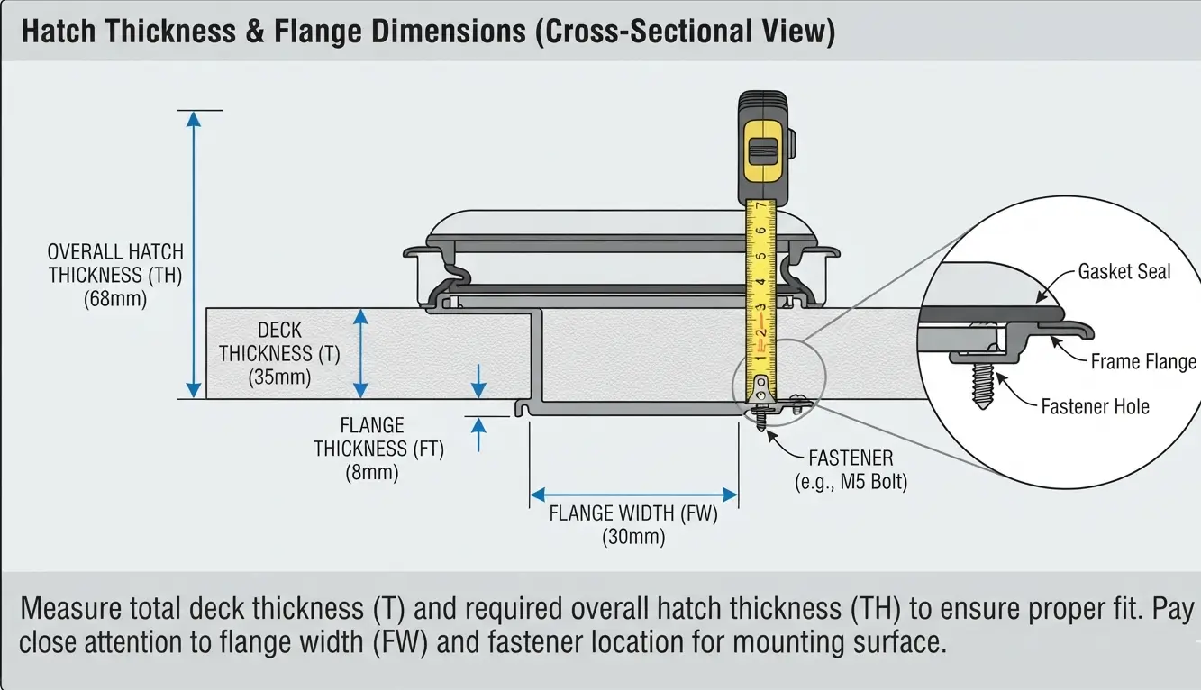 Boat hatch diagram showing hatch thickness and mounting flange dimensions