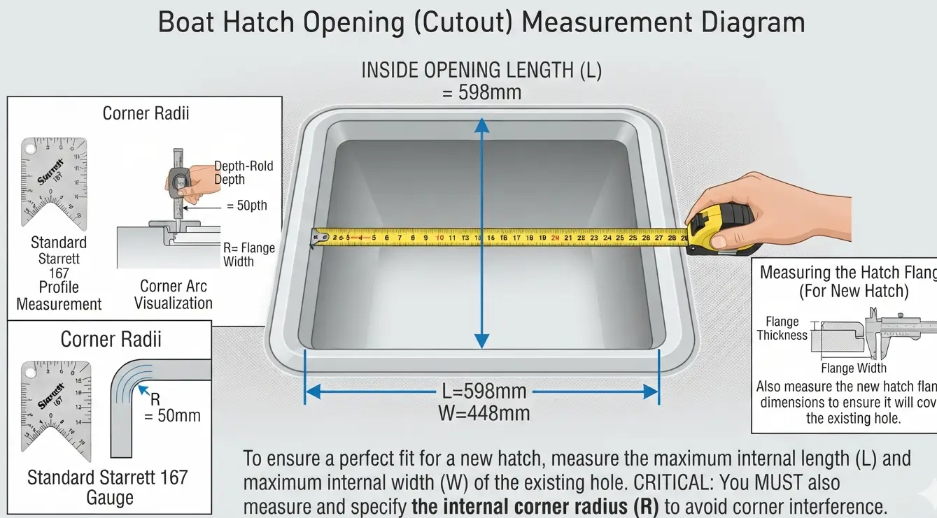 Diagram showing how to measure a boat hatch opening