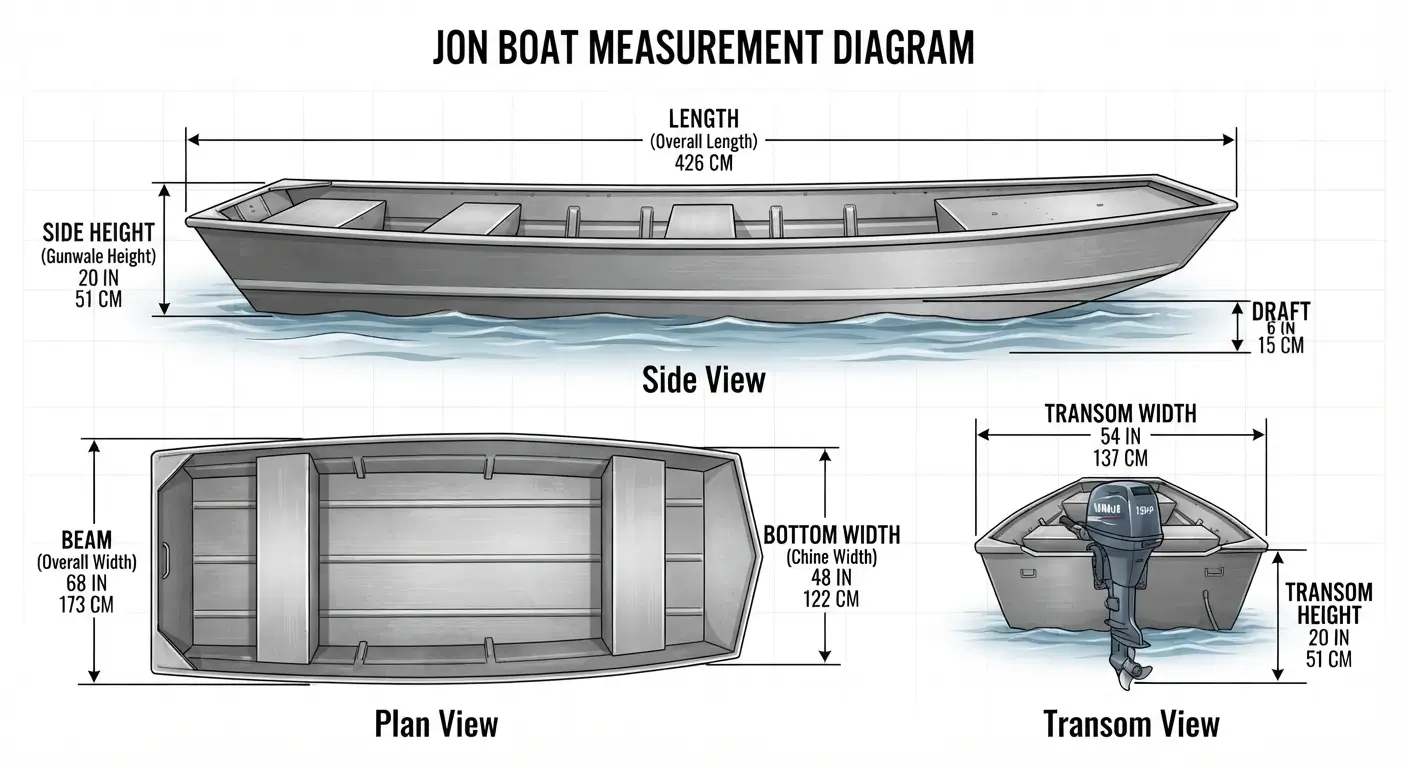 Jon boat measurement diagram showing length, beam, bottom width, side height, draft, and transom