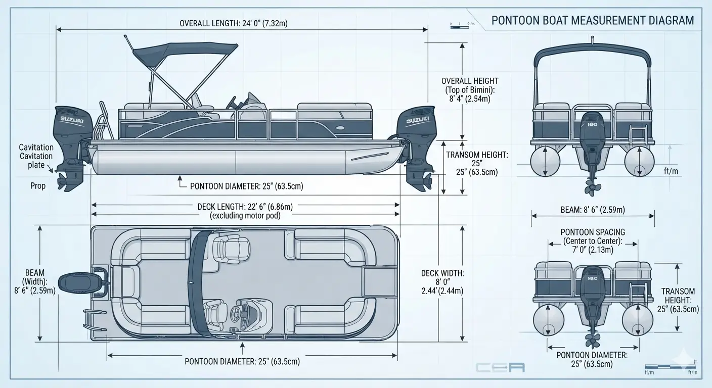 Pontoon boat measurement diagram showing overall length, beam, pontoon diameter, deck dimensions, draft, and transom height
