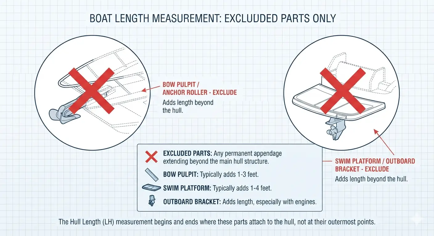 Diagram showing parts to exclude when measuring boat length
