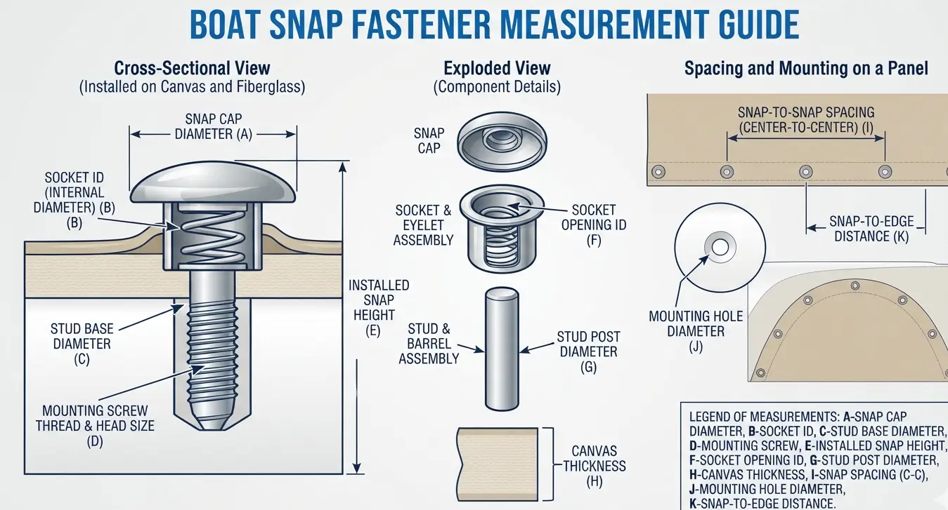 Boat snap measurement diagram showing snap cap diameter, stud, socket, post, mounting hole, and snap spacing