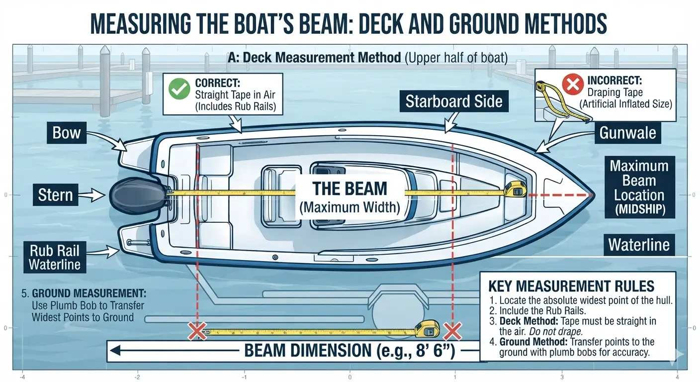 Diagram showing the correct straight-line measurement across a boat's beam