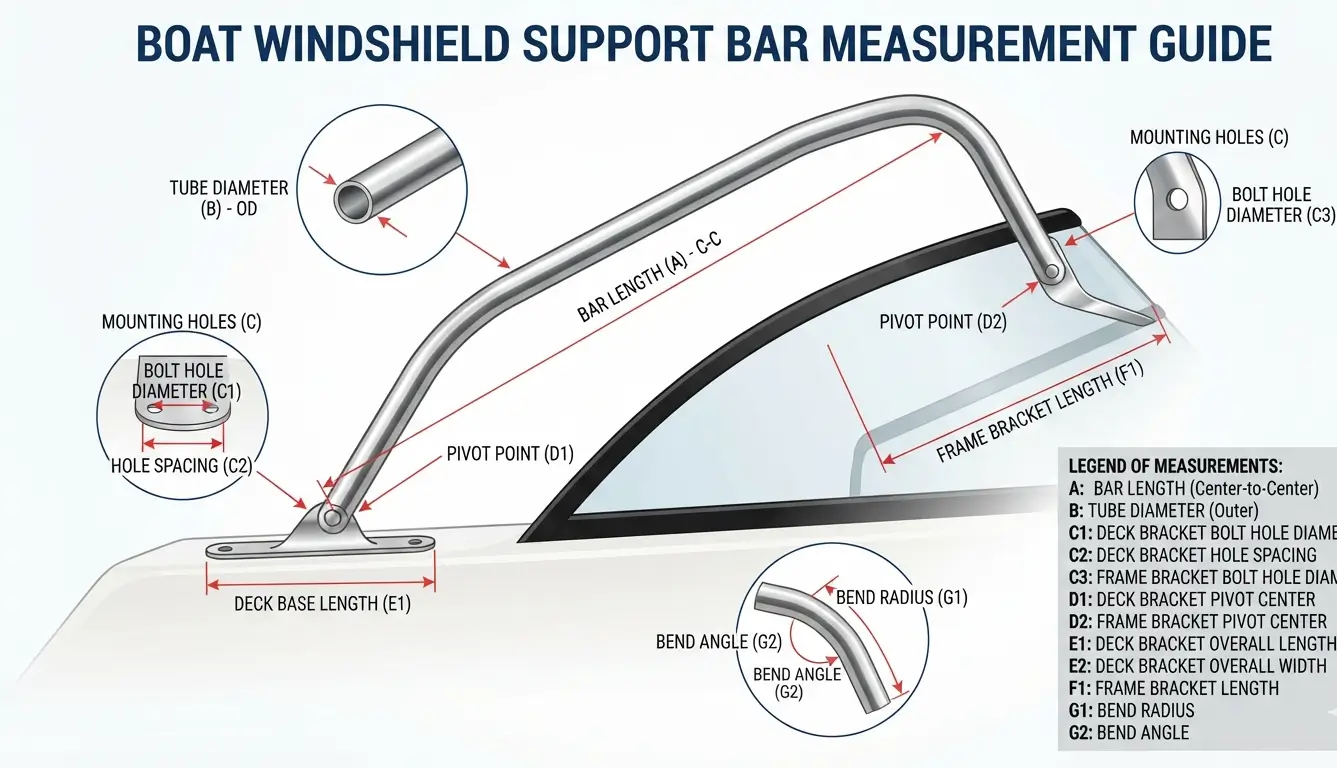 Boat windshield support bar measurement diagram showing bar length, tube diameter, mounting holes, pivot points, and brackets