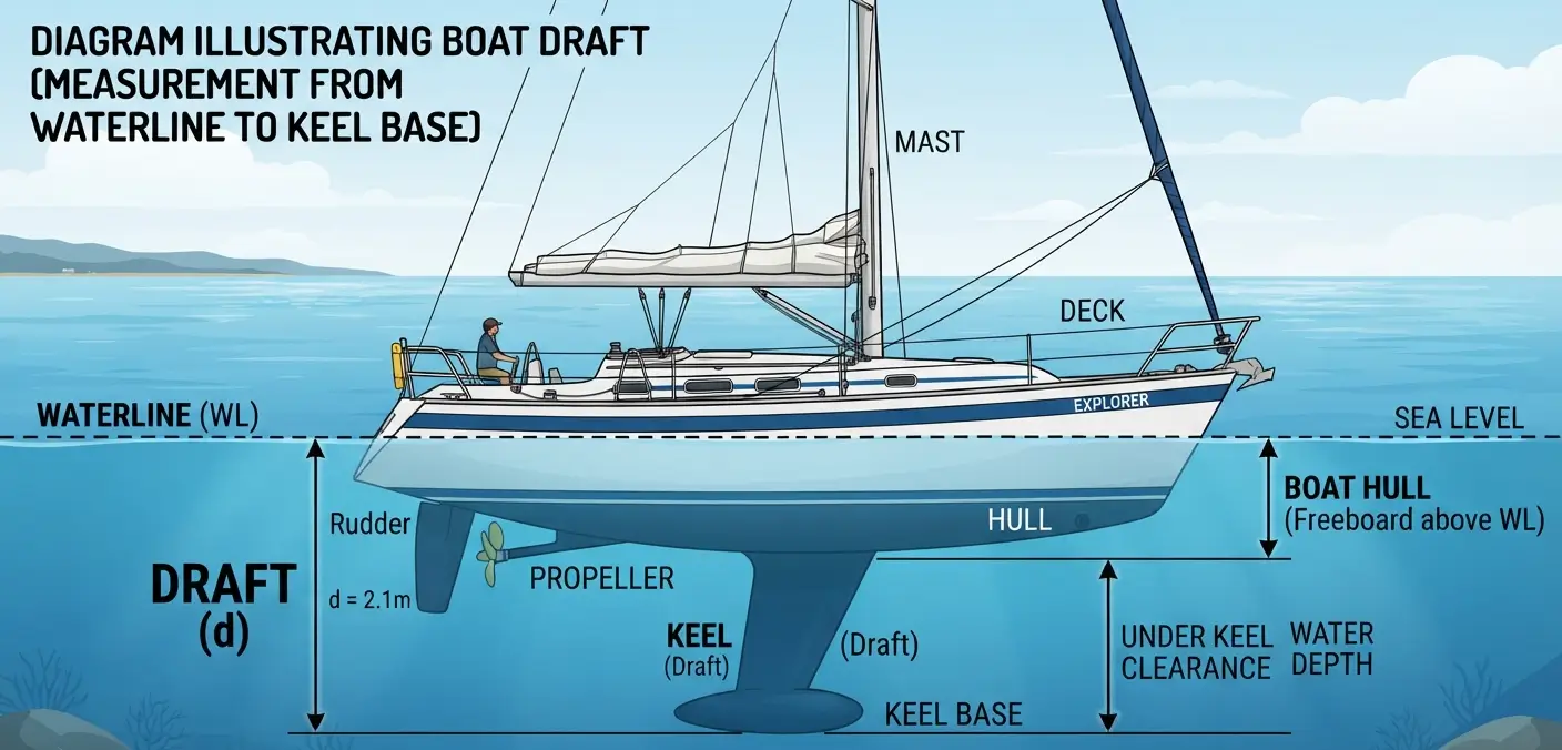 Overview diagram illustrating boat draft from waterline to keel