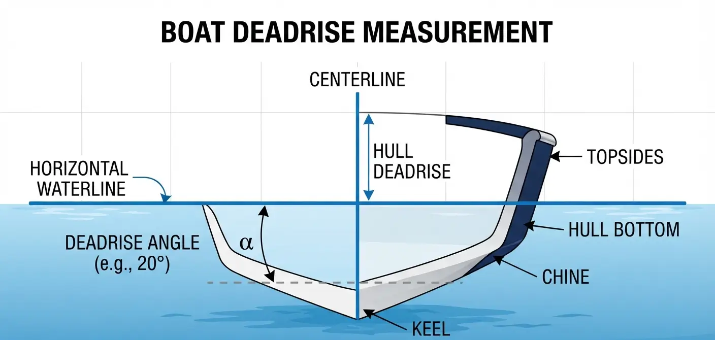 Diagram showing boat deadrise measured from the horizontal water line