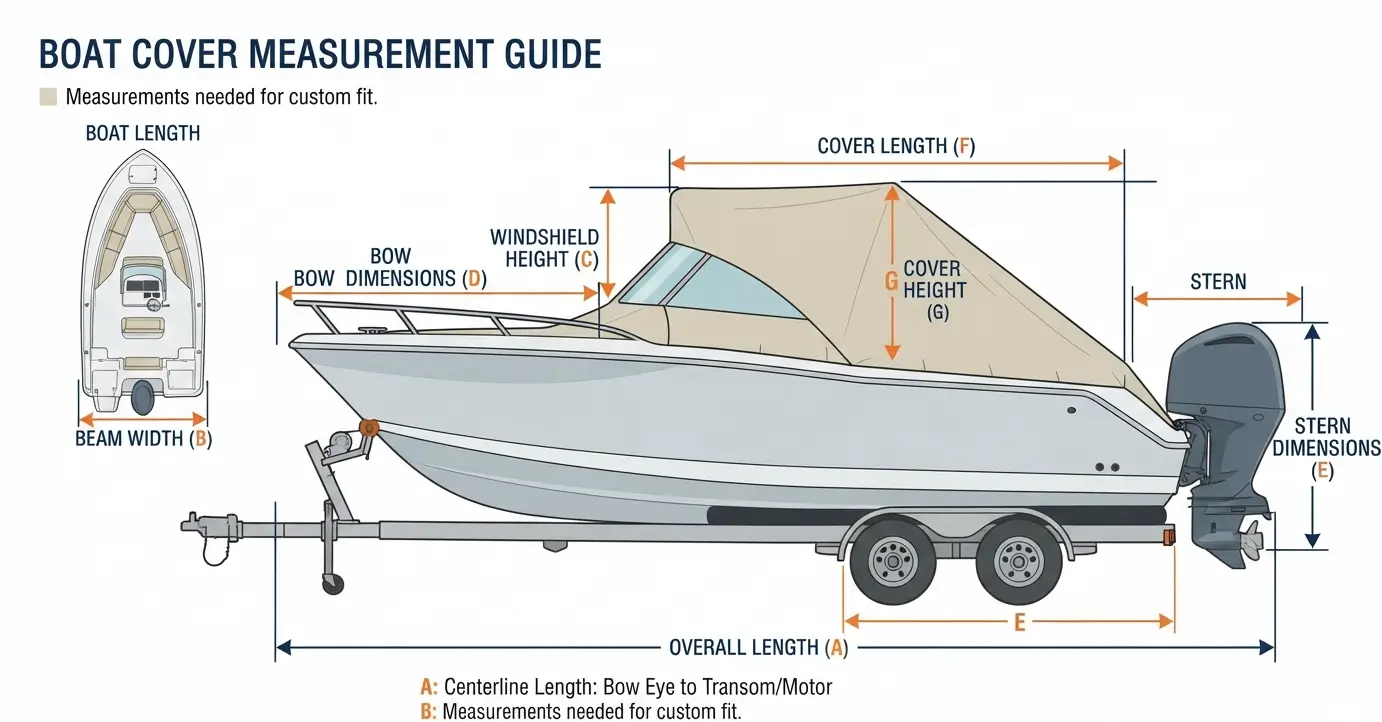 Boat cover measurement diagram showing overall length, beam, windshield height, bow, stern, and cover dimensions