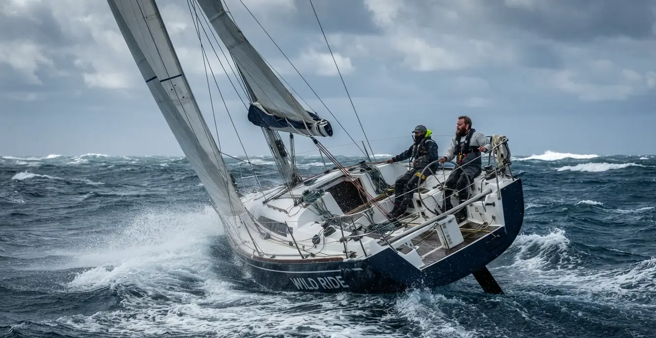 Sailboat heeling in strong wind and rough seas
