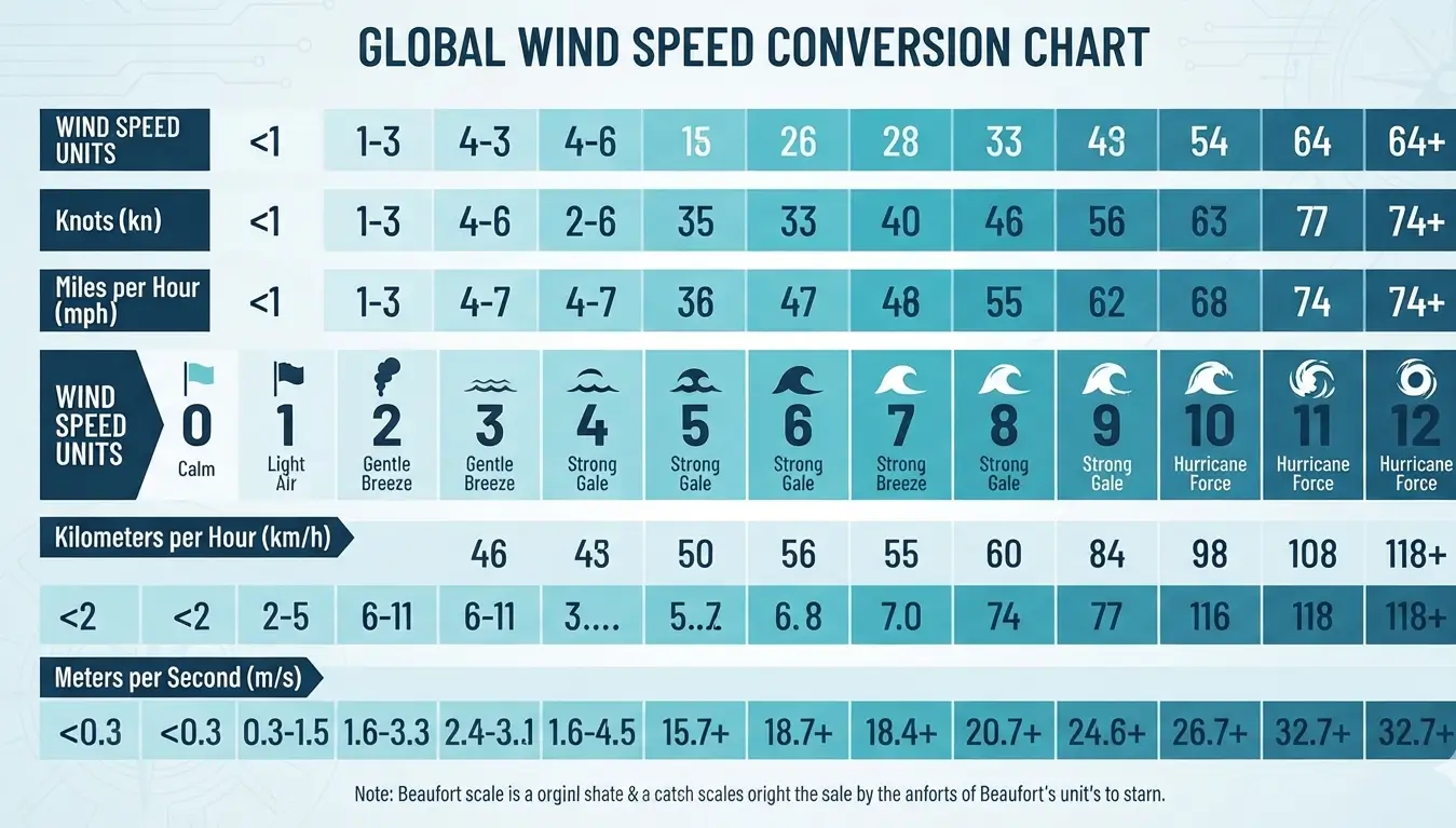 Wind speed units of measurement showing mph, knots, km/h, m/s, and Beaufort scale